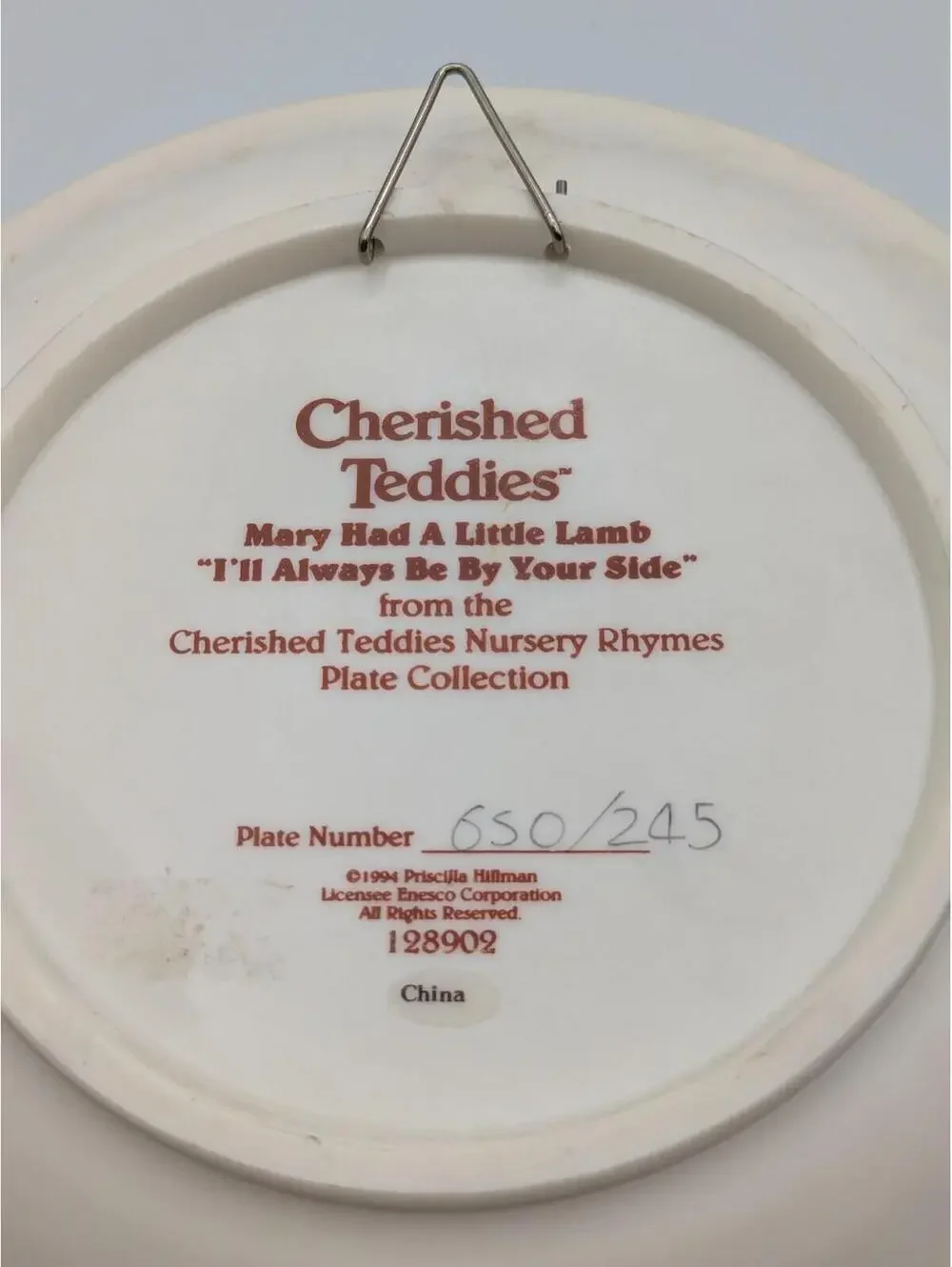 Cherished Teddies Mary Had a Little Lamb (128902) 1994, Nursery Rhyme Plate